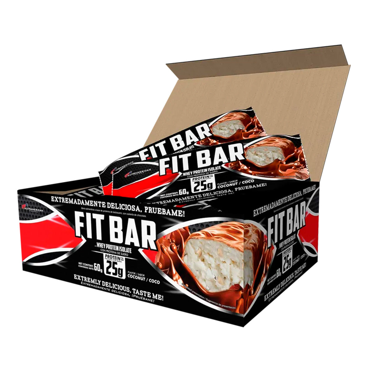 Fit Bar barras de proteína Sabor coco caja 12 unidades Nutramerican — Vindo