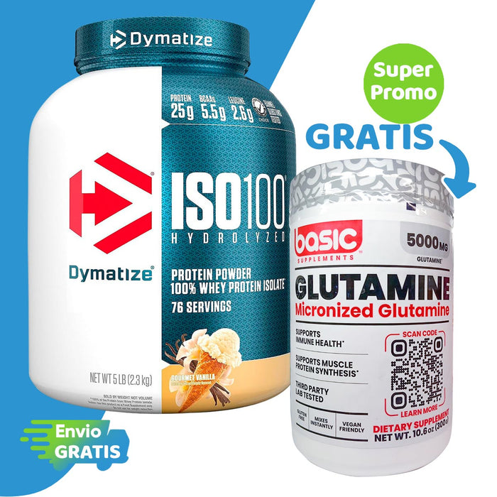 Gratis Glutamina 60 porciones Basic por compra de Proteína ISO 100 5lb Dymatize 💥Super Promo💥